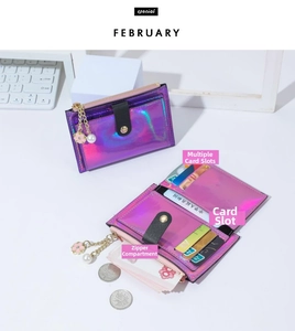 Macro detail of purple iridescent card wallet with multi-card slots and floral charm zipper