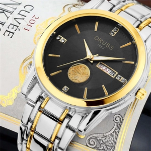 Detailed macro view of silver and gold stainless steel watch band with dual calendar