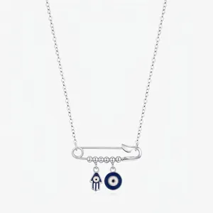 925 Sterling Silver Necklace With Safety Pin Pendant Blue Enamel Hamsa Hand And Evil Eye Lucky Charm For Women