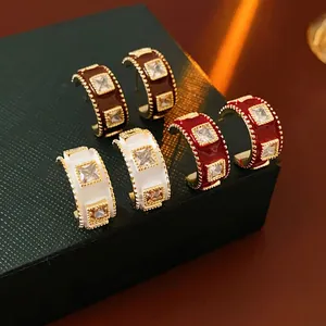 Retro Enamel Geometric C Shaped Stud Earrings With Zircon Gold Plated Copper Jewelry For Women And Silver Earring Post