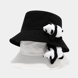 Cute panda plush decor fisherman bucket hats in black and white cotton fabric set