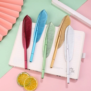 Creative Feather Shaped Gel Pen Metallic Luster Plastic Vintage 0.5mm Fine Point Smooth Writing Office School Stationery
