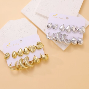 Set of 6 gold and silver C-shaped irregular alloy hoop earrings on display cards