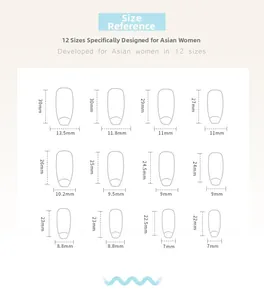 Size chart showing 12 sizes of long gradient heart press-on nails for Asian women