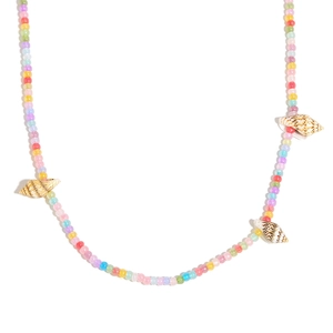 Colorful beaded beach necklace with shells and 18K gold plated stainless steel accents
