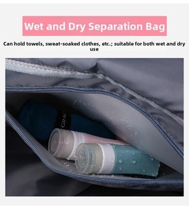 Detail view of dry and wet separation pocket with waterproof lining for gym towels