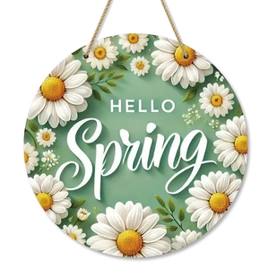 Round Hello Spring wood welcome sign with white daisies and rustic burlap rope hanger