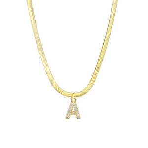 Detailed view of gold plated snake chain necklace with sparkling zircon letter A pendant
