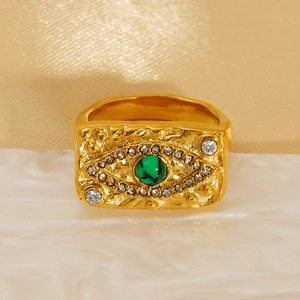 Bague vintage dorée avec œil de malachite et cristaux étincelants pour femmes