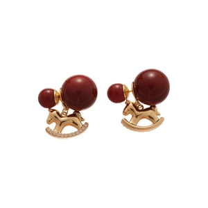 18K gold plated silver stud earrings with red beads and zircon horse charm pendants