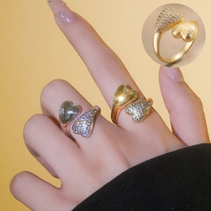 Zwei Herzen Offener Ring Kupfer Mit Zirkonia Verstellbar Modisch Elegant Strukturierte Herzen Fingerschmuck Für Damen