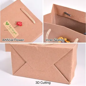 Vintage brown kraft paper jewelry gift bag with flowers and woven handle