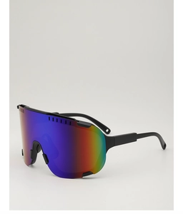 Detail of colorful mirrored lenses and black frame of sports cycling sunglasses