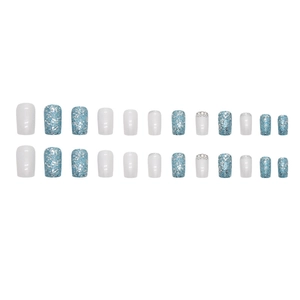 Square aurora white and sparkly blue press-on nails set with glitter and rhinestone accents