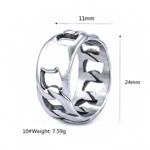 Men's hollow chain stainless steel ring with 11mm width and industrial design details