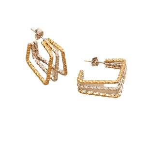 Two-tone geometric square stud earrings in stainless steel with diamond-cut texture