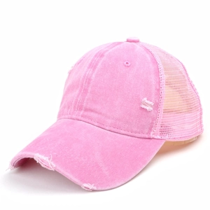 Close-up of pink distressed baseball cap with ripped details and breathable mesh back
