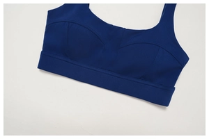 Dettaglio reggiseno sportivo blu navy con cuciture rinforzate e ampia fascia elastica