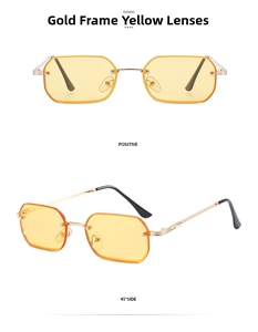 Rimless rectangular sunglasses with gold metal frame and yellow ocean lenses detail