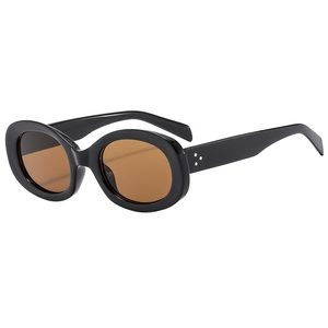 Retro oval sunglasses with thick black frames, brown lenses, and three silver rivets