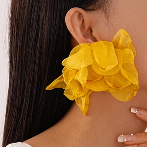 Vacation style oversized handmade yellow fabric flower lace earrings for women