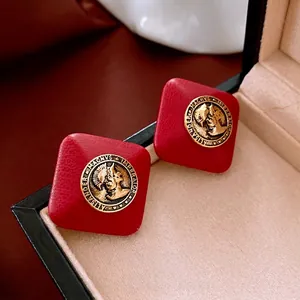 Red Faux Leather Rhombus Stud Earrings With 925 Sterling Silver Earring Post Vintage Embossed Coin Portrait For Women