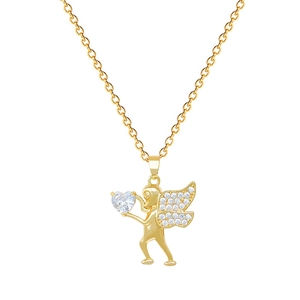Gold cupid angel necklace with heart shaped cubic zirconia stone and pavé wings