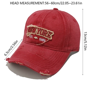 Detailed view of the red distressed cotton baseball cap with New York letter embroidery