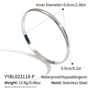 Detail view of silver stainless steel bangle showing 6.0cm diameter and 0.5cm width specs