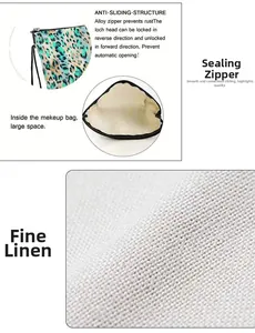 Detail showing leopard print makeup bag with non-slip alloy zipper and linen texture