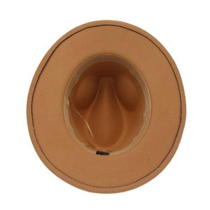 Top down view of brown wool fedora hat showing interior sweatband and crown structure