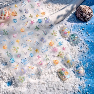 Ocean Theme Nail Art Stickers Sea Life Tropical Fish Starfish Holographic Laser 3D Relief Ultra Thin Decals