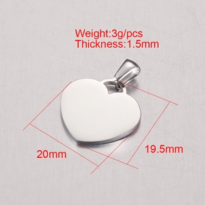 Polished silver heart pendant with dimensions 20x19.5mm and 1.5mm thickness