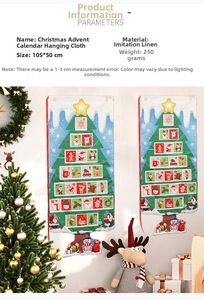 Close-up of burlap Christmas advent calendar wall hanging with 24 numbered pockets