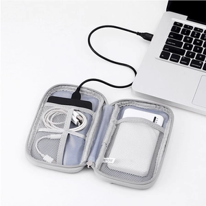 Detail view of the open grey electronics organizer showing mesh pockets and elastic straps