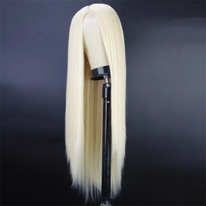 Detailed view of long straight blonde wig with realistic scalp seam on a mannequin