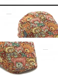 Detail of retro beret with bear pattern jacquard and adjustable bendable brim feature