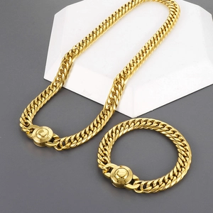 Golden 11mm CNC iced out curb chain necklace and bracelet set for men in hip hop style