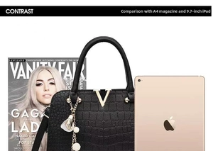 Size comparison of black crocodile texture handbag with A4 magazine and iPad