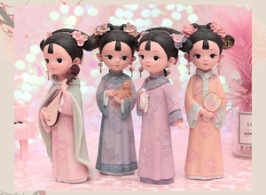 Detailed set of four Chinese court lady resin figurines in colorful Hanfu with accessories