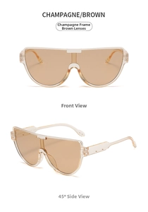 Front and side views of stylish oversized champagne frame sunglasses with brown lenses