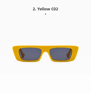 Detailed front view of vibrant yellow square frame sunglasses with dark grey lenses