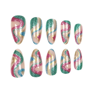 Glitter almond press-on nails with colorful abstract swirl patterns on a white background
