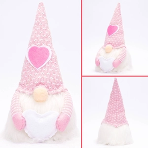 Detailed views of Valentine plush gnome with pink knit hat and white plush heart