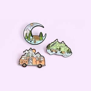 Cartoon landscape enamel pin set featuring mountain huts, vintage RVs, and forest scenery