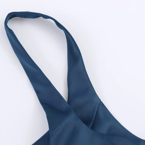 Detail shot of navy blue satin midi dress showing smooth fabric and neat stitching