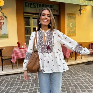 Damen Boho Bluse Polyester Paisley Print Quaste V-Ausschnitt Langarm Rüschenkragen Mode Lässiges Hemd Oberteil
