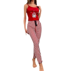 Red popcorn print camisole and striped pajama pants two-piece loungewear set