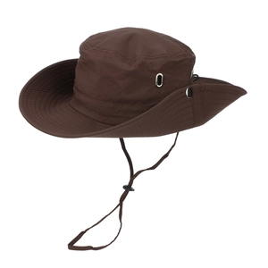 Detail of outdoor sun hat with wide brim, metal vents and adjustable wind cord