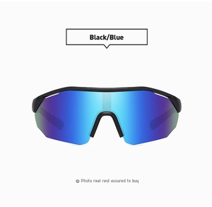 Detail view of black semi-rimless sports sunglasses with blue and purple gradient lenses